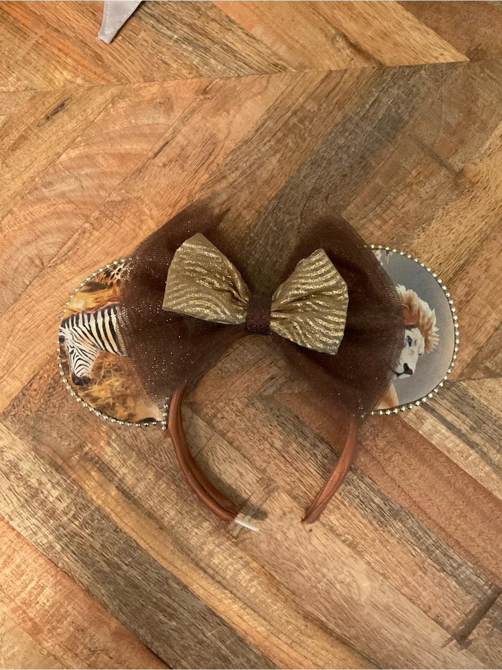 Custom Disney Safari Animal Ear Headband with Gold Bow - Brown